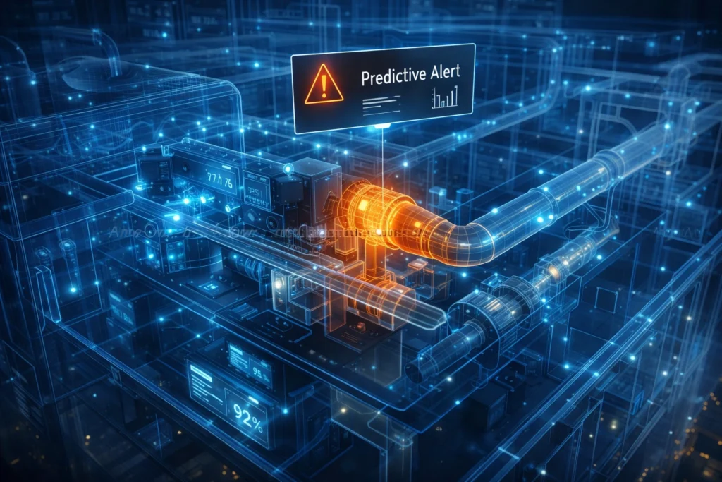 3D holographic digital twin of a building’s ventilation system highlighting predictive maintenance zones and performance intelligence.
