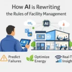 Illustration of AI-powered facility management in a smart building, showing real-time monitoring of energy use, occupancy, and indoor air quality in the UK workplace.
