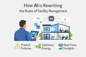 Illustration of AI-powered facility management in a smart building, showing real-time monitoring of energy use, occupancy, and indoor air quality in the UK workplace.
