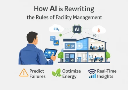 Illustration of AI-powered facility management in a smart building, showing real-time monitoring of energy use, occupancy, and indoor air quality in the UK workplace.