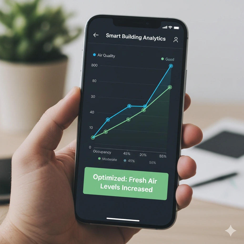 A mobile device displaying live building monitoring and automated energy alerts for a modern workspace.