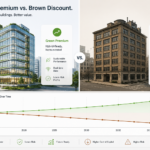 Infographic comparing green premium and brown discount in commercial buildings, showing how ESG data quality can affect asset value and risk.