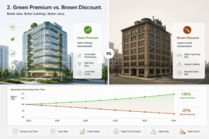 Infographic comparing green premium and brown discount in commercial buildings, showing how ESG data quality can affect asset value and risk.