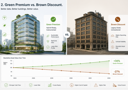 Infographic comparing green premium and brown discount in commercial buildings, showing how ESG data quality can affect asset value and risk.