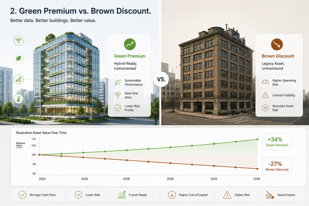 Green premium vs brown discount in commercial buildings Infographic comparing green premium and brown discount in commercial buildings, showing how ESG data quality can affect asset value and risk.