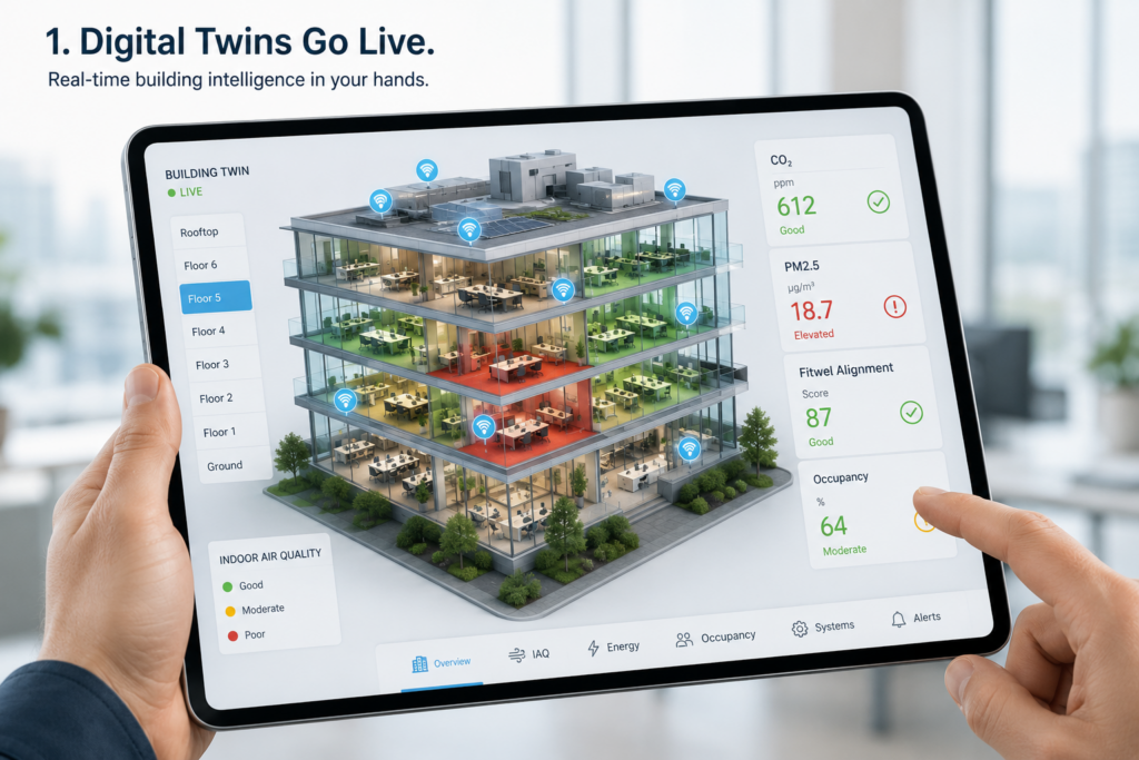 Digital twin for machine-readable ESG disclosure Digital twin dashboard showing real-time building intelligence for ESG disclosure, including IAQ, energy, occupancy and system alerts.